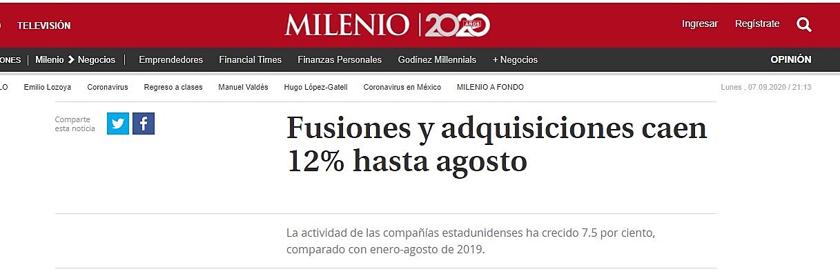 Fusiones y adquisiciones caen 12% hasta agosto